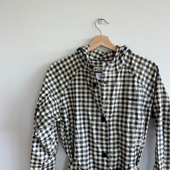 Columbia Plaid Belted Hoodie Waterproof Trench Raincoat Black Ivory M - Picture 12 of 12